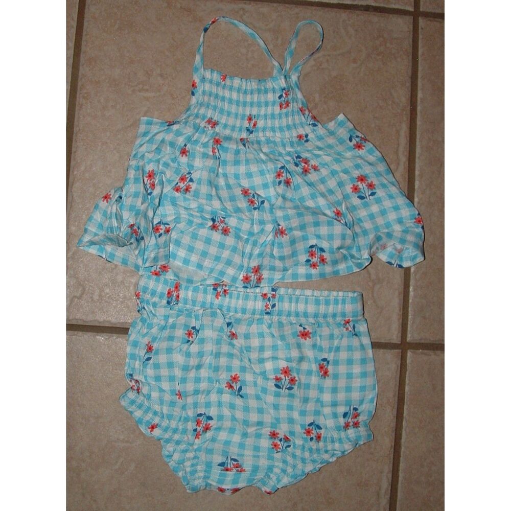 NEW NWT Girls Sz 6-9 Months Bright Blue Gingham & Floral 2 Pc Outfit CAT & JACK